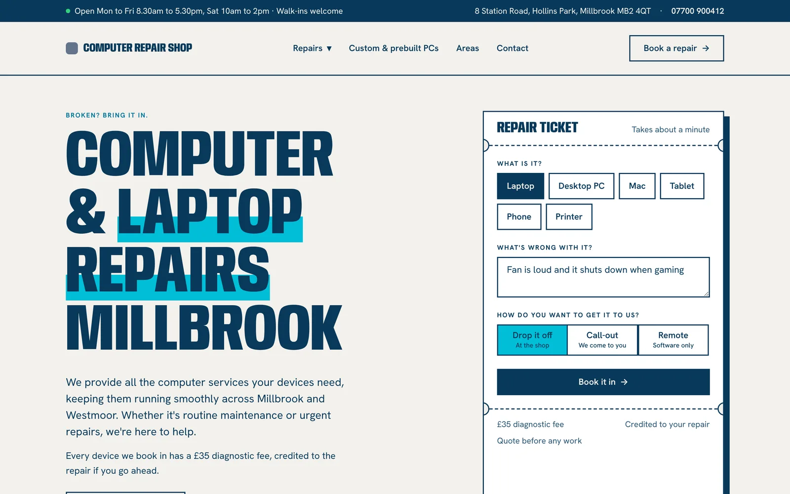 Homepage hero with a large headline for computer and laptop repairs and a repair ticket card where a laptop and drop off have been selected