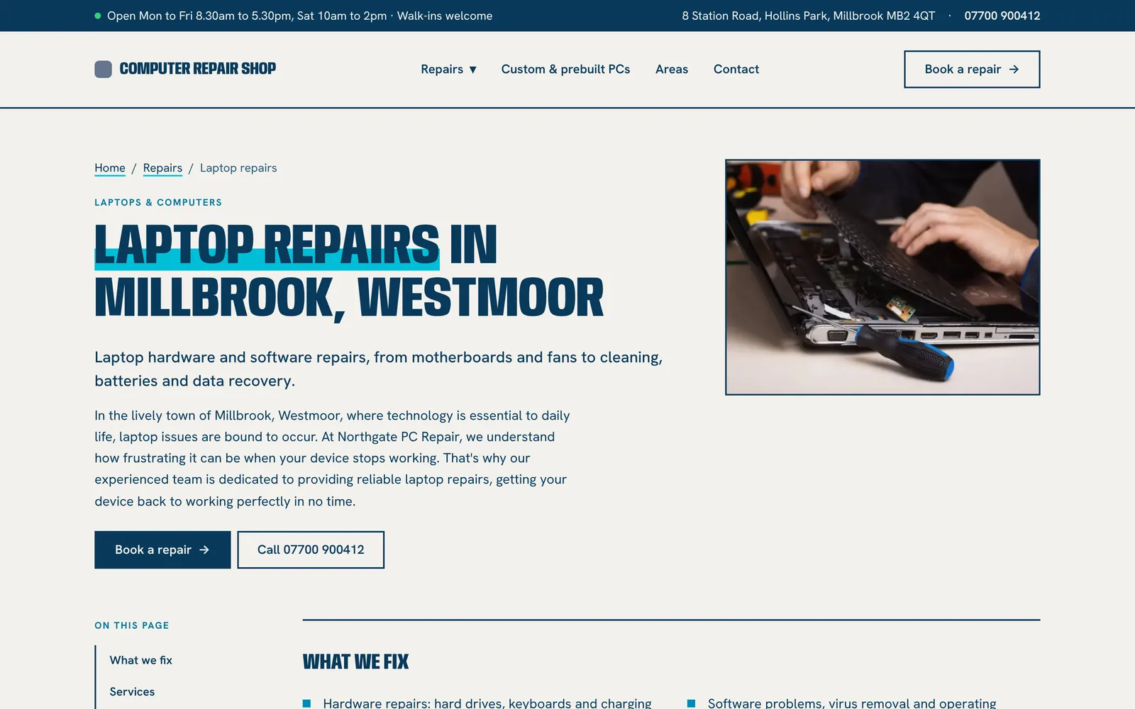 Laptop repairs service page with breadcrumbs, headline, intro copy, Book a repair and Call buttons and a photo of a laptop being repaired