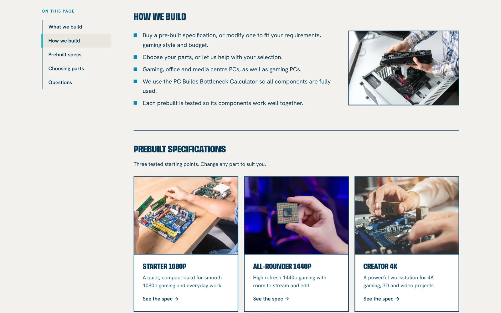 Custom and prebuilt PCs page showing how builds are put together and three prebuilt specification cards