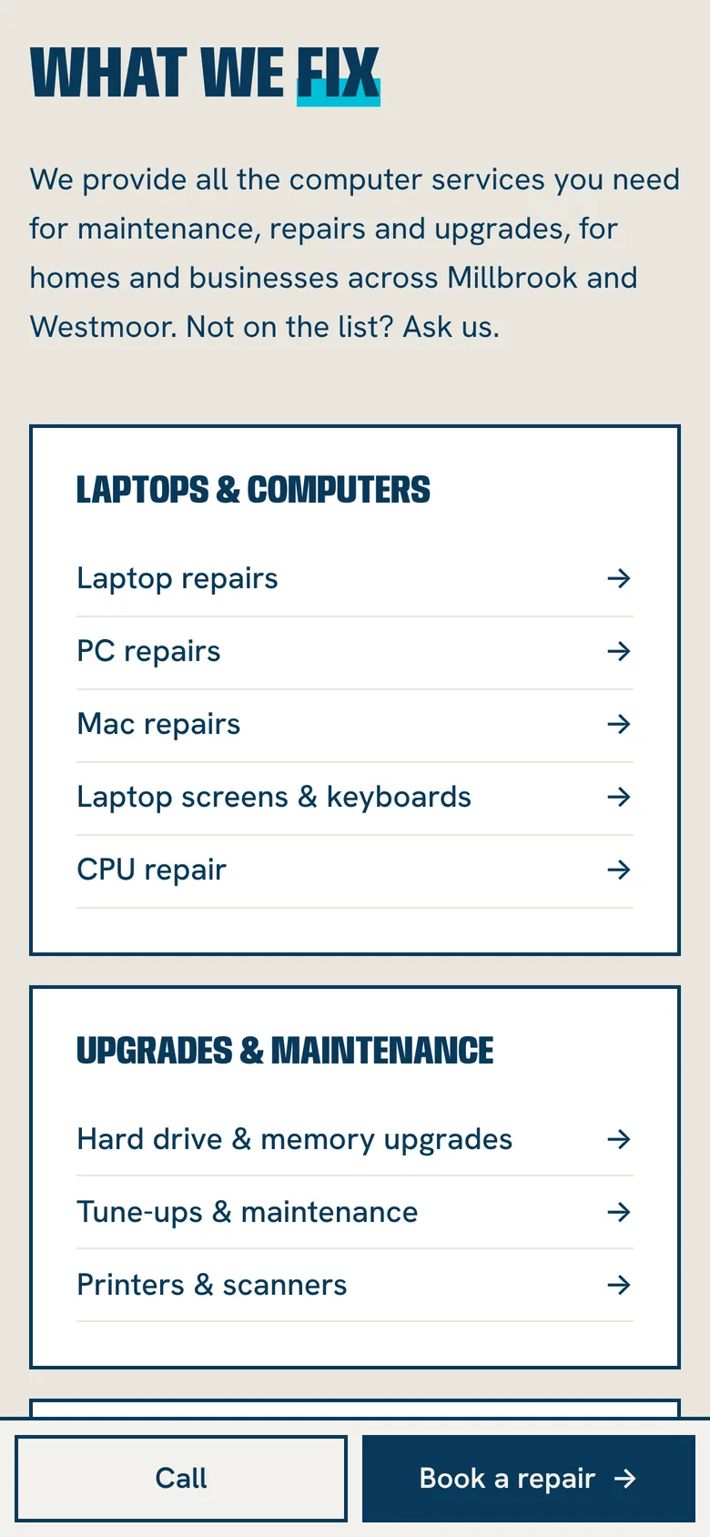 Phone view of the What we fix section listing laptop, computer and upgrade services, with a sticky Call and Book a repair bar at the bottom