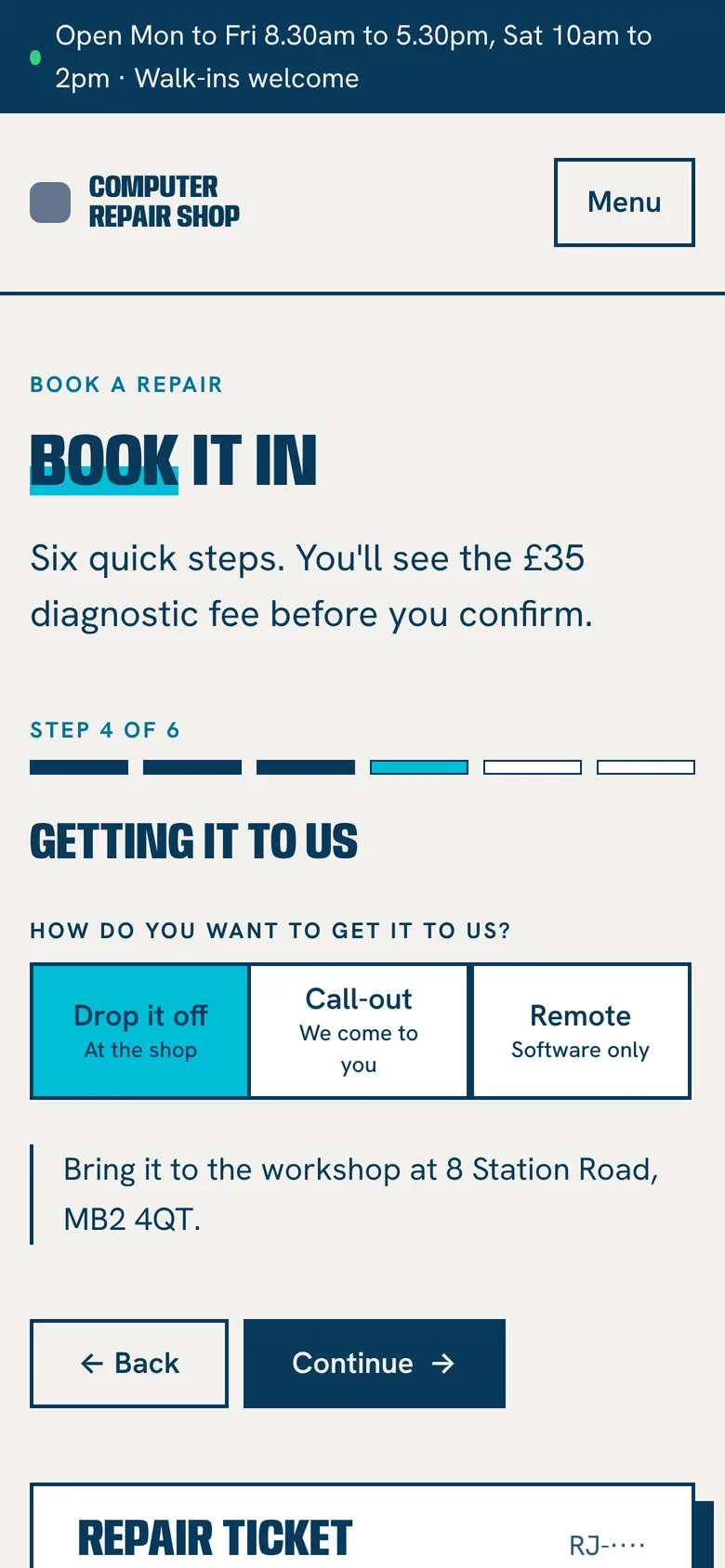 Phone view of booking step 4 of 6, Getting it to us, with Drop it off selected and the workshop address shown