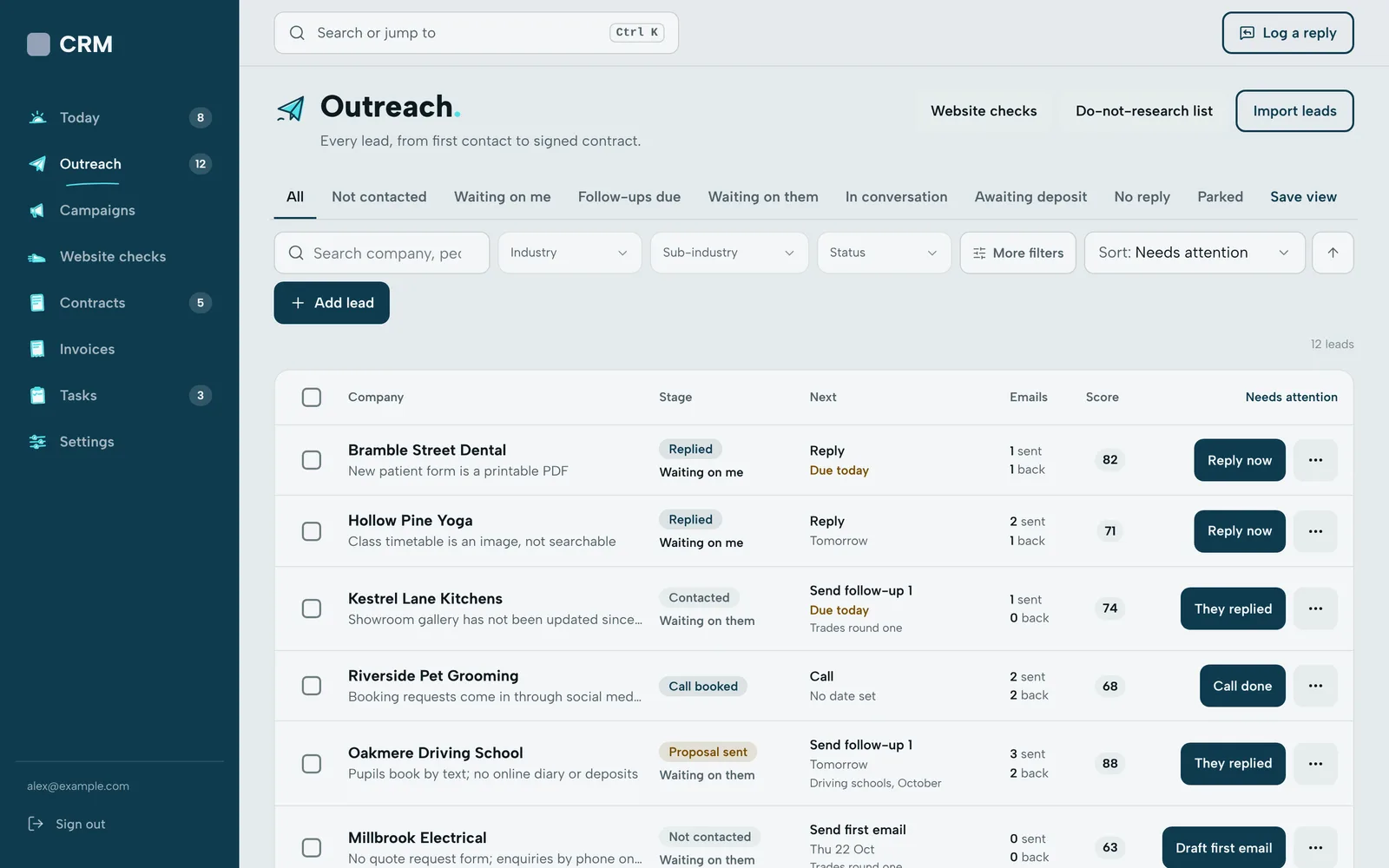 Outreach list of leads with stage badges, whose turn it is, the next action and due date, emails sent and received, a score and a one tap action for each row