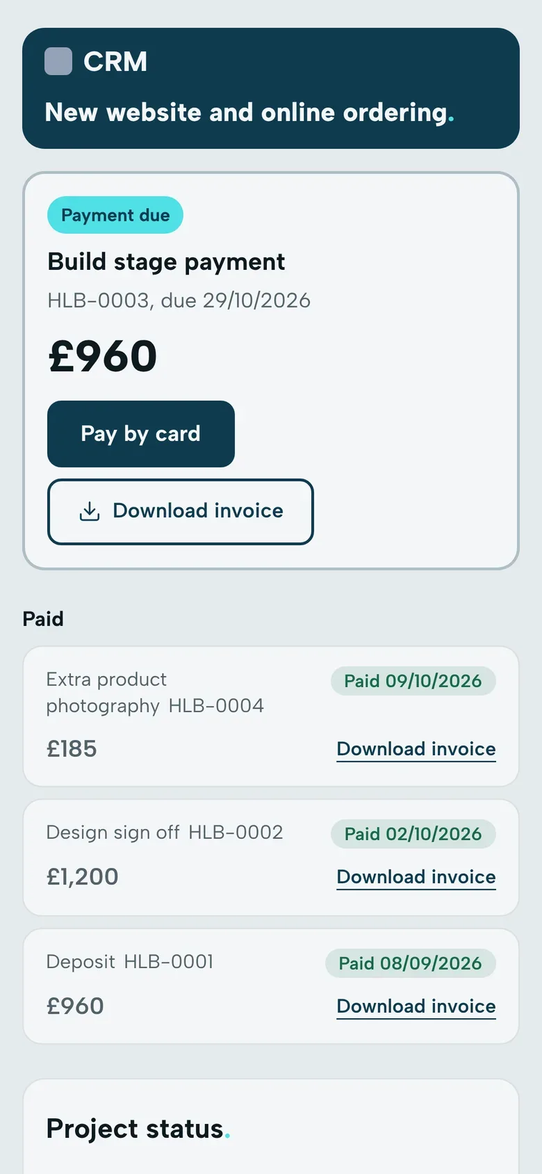 Client portal on a phone with a payment due and a Pay by card button, paid invoices to download, project phases with their status and recent updates