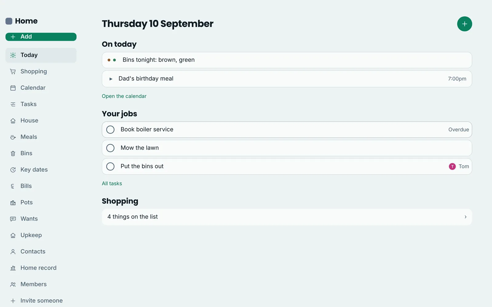 Home dashboard for Thursday 10 September showing bins going out tonight, a birthday meal at 7pm, three household jobs and a shopping list with four items