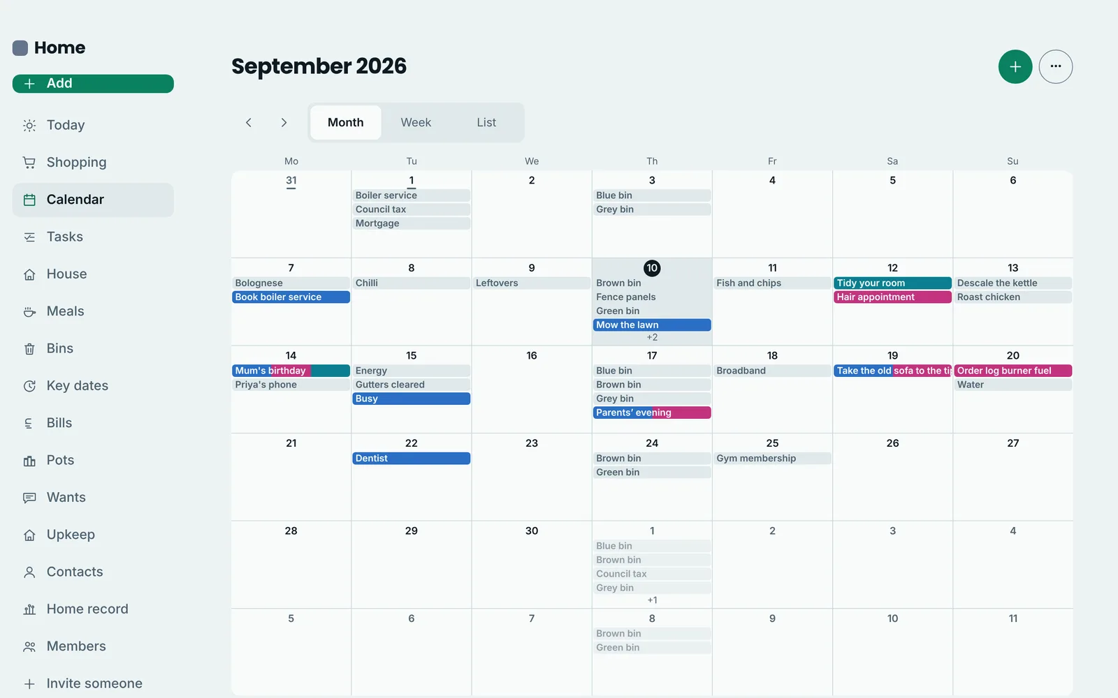 September 2026 month calendar with bin days, bills, meals, appointments and jobs coloured by household member