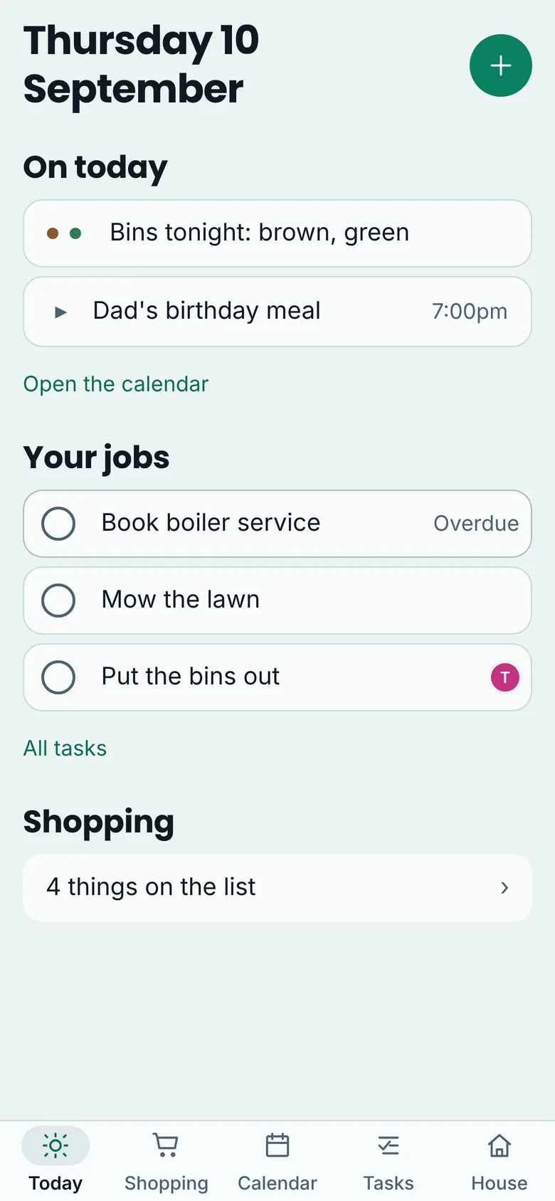 Phone view of the Today dashboard with tonight's bins, an evening event, jobs to do and a bottom tab bar