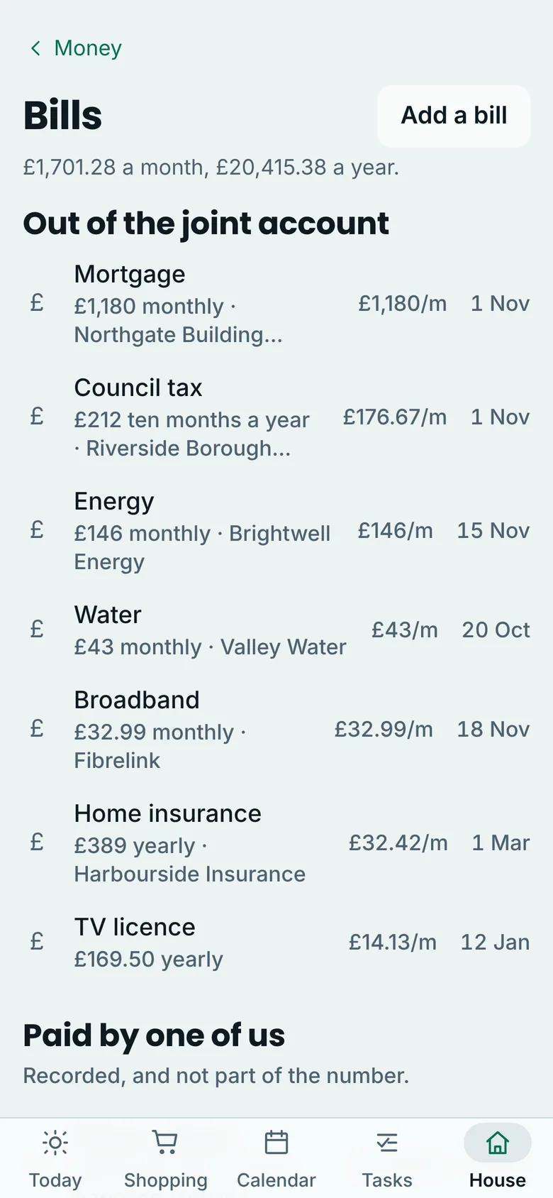 Phone view of the bills list showing mortgage, council tax, energy, water, broadband, home insurance and TV licence with monthly equivalents and next due dates