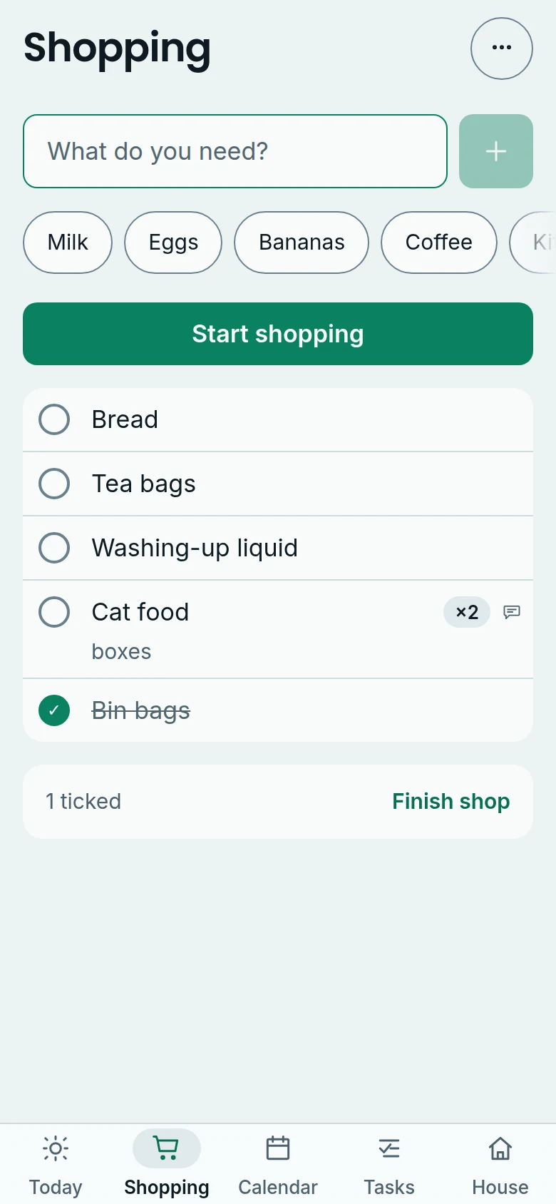Shopping list with quick add buttons for common items, a Start shopping button and items to tick off