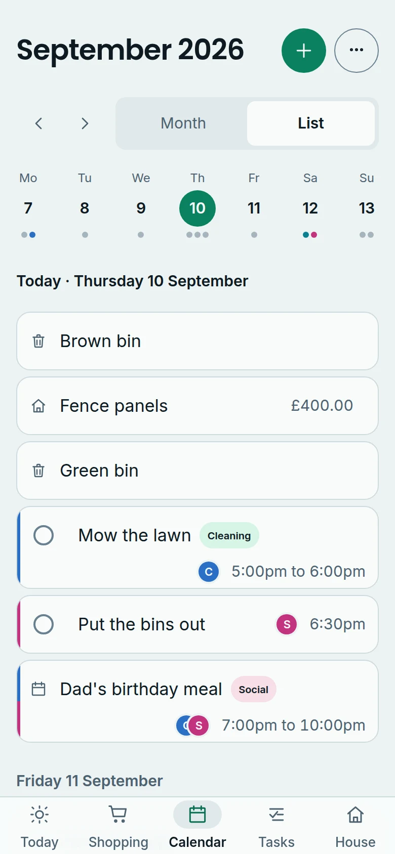Calendar list for the week with bin days, a planned purchase, jobs with who is doing them, and a social event